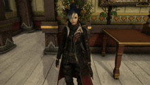 a woman with a cat ear standing in a room