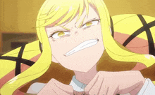 a girl with blonde hair and yellow eyes is making a funny face