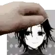 a hand is touching a girl 's head in a pixel art style .