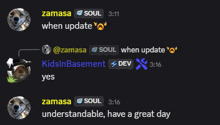a screenshot of a text conversation between zamasa and soul