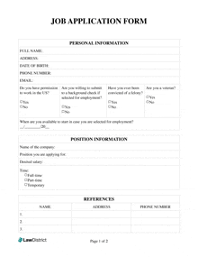 a job application form with a list of personal information on it