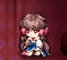 a pixel art of a girl with long hair and pink earrings sitting on a red surface .