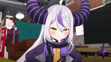 a girl with purple horns and a purple tie