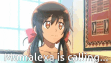 a girl with pigtails is standing in front of a window and says mamalexa is calling ...