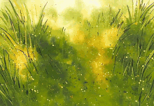 a painting of a field of green grass with yellow spots on it