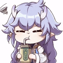 a cartoon girl with horns is drinking through a straw from a can .