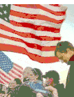 a man taking a picture of an american flag with a sign that says " be "