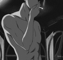 a man without a shirt is smoking a cigarette in a black and white cartoon .