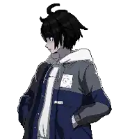 a pixel art drawing of a boy wearing a hoodie with the number 16 on it