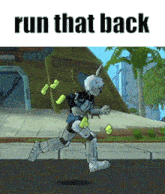 a cartoon character is running down a street and the words run that back are above him