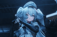 a girl with blue hair is holding a gun in her hand .