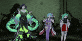 three anime characters are standing next to each other with their shadows on the wall