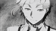 a black and white photo of a young man with the words tori x atsushi canon written on the bottom .