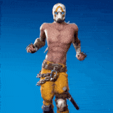 a man without a shirt is wearing a gas mask and chains