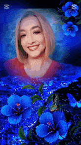 a picture of a woman with blue flowers and butterflies