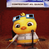 contestant # 5 quack is standing in front of a sign