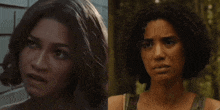 a close up of a woman 's face next to a close up of a woman 's face in a dark room .