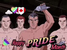 a group of men are standing next to each other with the words " happy pride month " written on the bottom