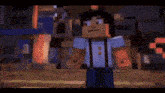a minecraft character is standing in a dark room and talking to another character .