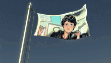 a flag with a picture of a boy holding a camera