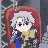 a cartoon of a boy sitting in a chair reading a book .