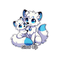 a sticker of a white fox with blue eyes and the words glow up on the bottom