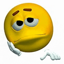 a cartoon smiley face with a sad look on his face is holding his hand to his face .