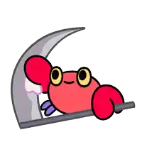 a cartoon crab is holding a large scythe with a yellow star above it .