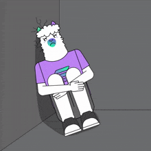 a cartoon of a llama sitting in a corner with a sad face