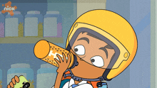 a cartoon of a boy drinking from a bottle with the nick logo on the bottom