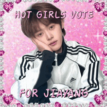 a picture of a boy with the words hot girls vote for jiayang on the bottom