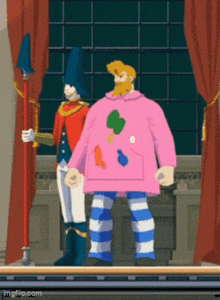 a cartoon of a man in a pink sweater standing next to a man in striped pants