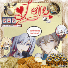 a picture of a man and a woman with a speech bubble that says i committed tax fraud