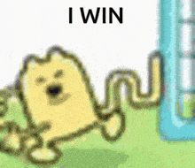 a cartoon of a dog with the words " i win " on the bottom