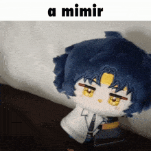 a stuffed doll with blue hair and yellow eyes is sitting on a bed with a caption that says a mimir