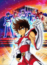 a drawing of a boy in a red and white outfit with a gold belt that says ' oy ' on it