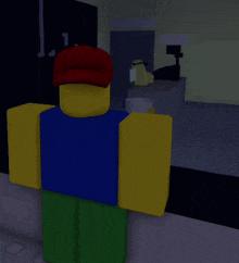 a roblox character wearing a red hat is standing in a dark room