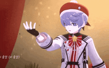 a boy with blue hair wearing a red hat and white jacket