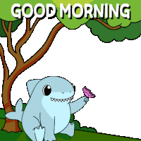 a cartoon of a shark holding a pink butterfly and the words good morning