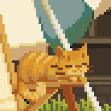 a pixel art drawing of a cat sleeping in the grass