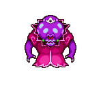 a pixel art illustration of a purple monster wearing a pink dress and a pink coat .