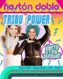 a flyer for fiestan doble shows two women with blue hair