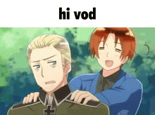a couple of anime characters standing next to each other with the words hi vod above them