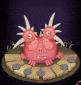 a pink monster with two faces and horns is sitting on a wooden platform .