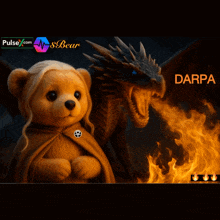 a teddy bear is standing next to a dragon that is spewing fire