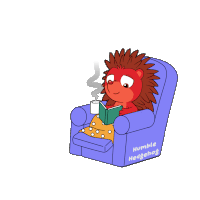 a hedgehog is sitting in a chair reading a book and drinking a cup of coffee