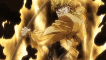 dio from jojo 's bizarre adventure is holding a stick in his hand in front of a fire .