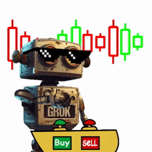 a robot wearing sunglasses and a box that says gruk on it