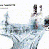 a poster for ok computer by radiohead shows a man in a helmet