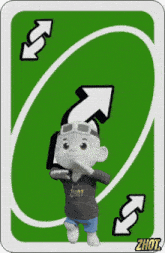 a cartoon character is standing in front of a green uno card .